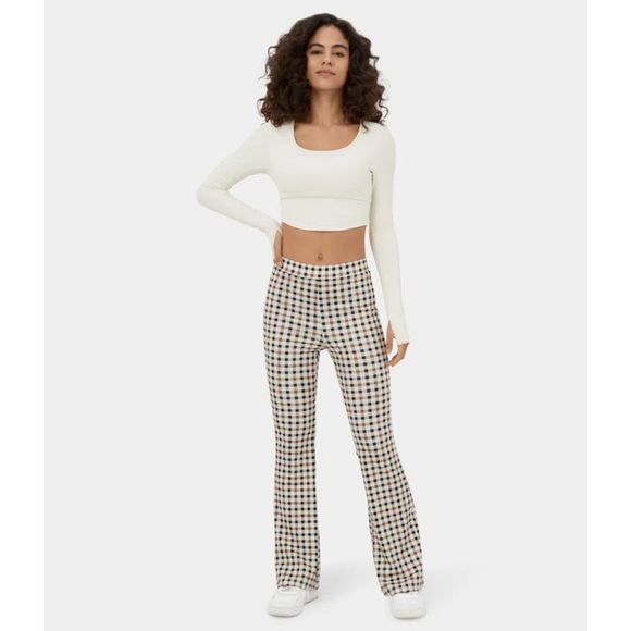 Halara High Waisted Pink Plaid Flare Hem Stretchy Casual/Active Pants Size Small - Picture 5 of 8